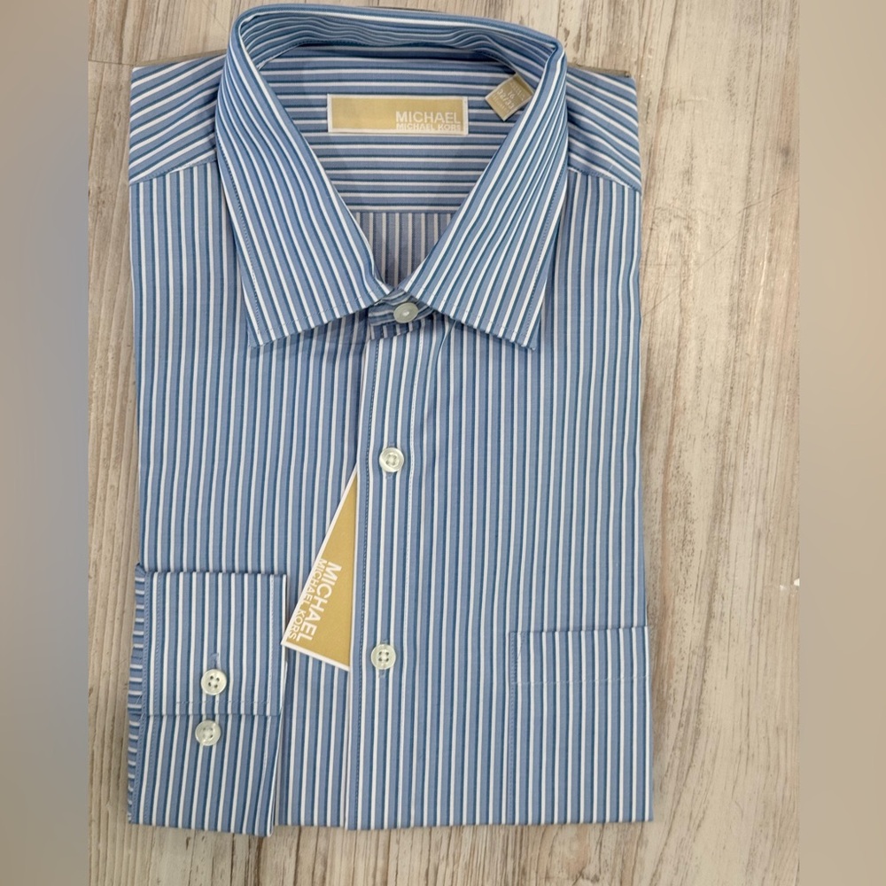 Michael Kors Men's Blue and White Striped Dress Shirt